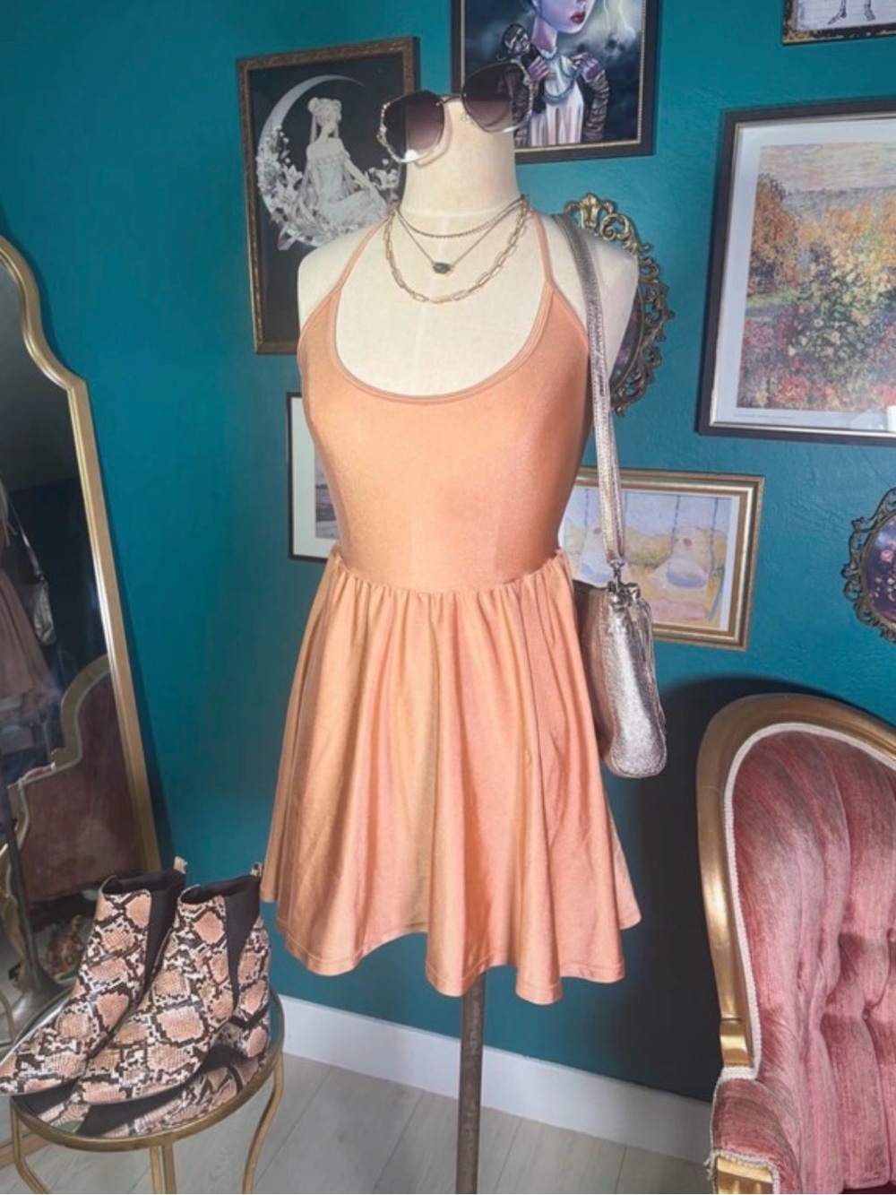 American Apparel Peach Shimmer Halter Skater Mini Dress Y2K Size S